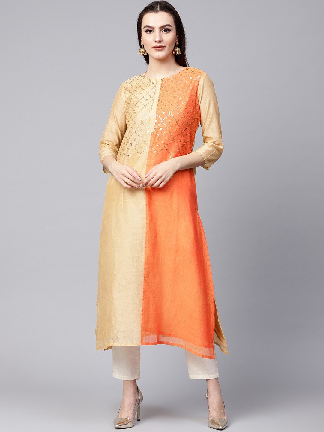 

Varanga Cream & Orange Colourblocked Embroidered A Line Chanderi Kurta