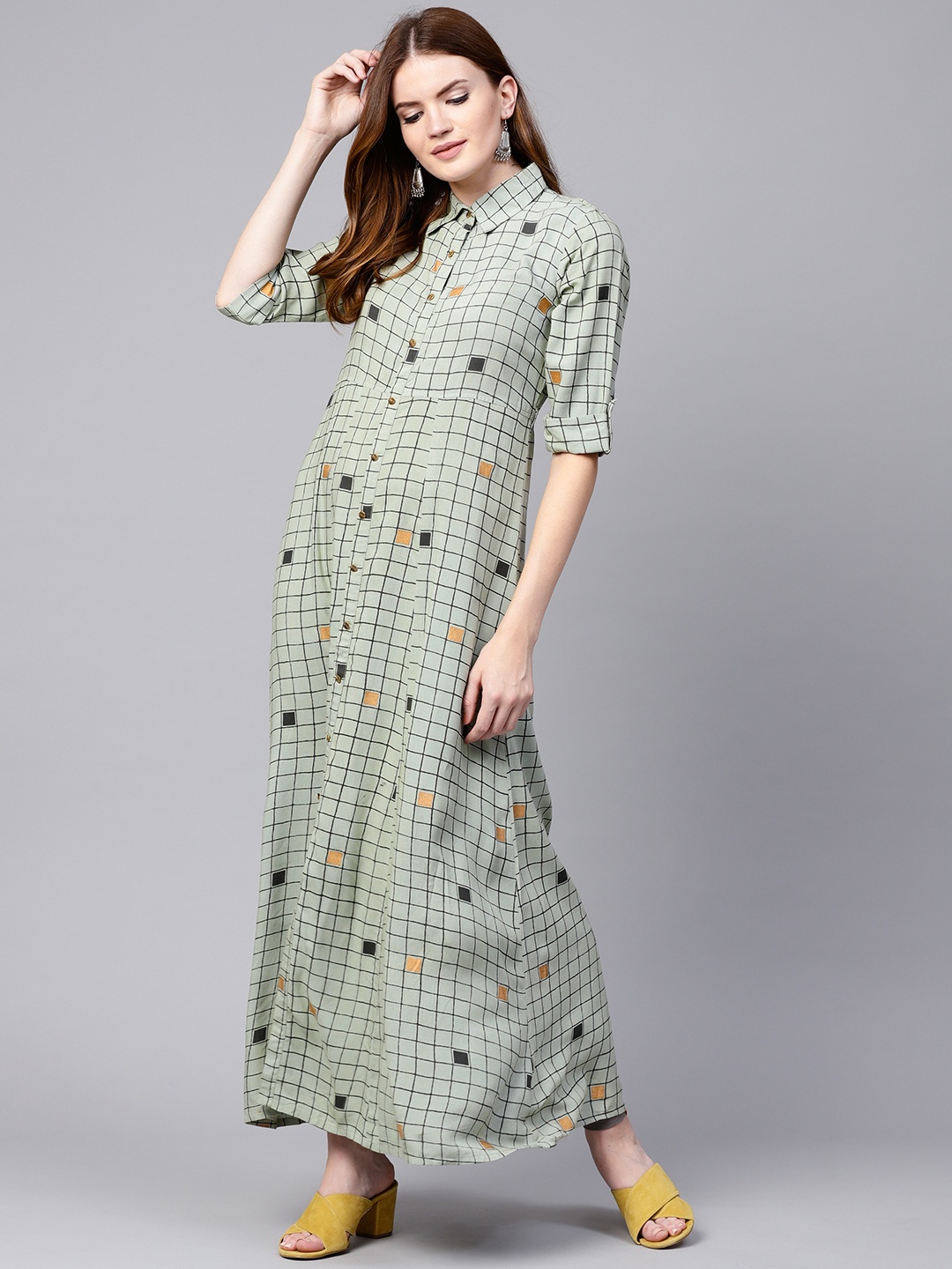 

Varanga Women Green Checked Ankle-Length A-Line Kurta