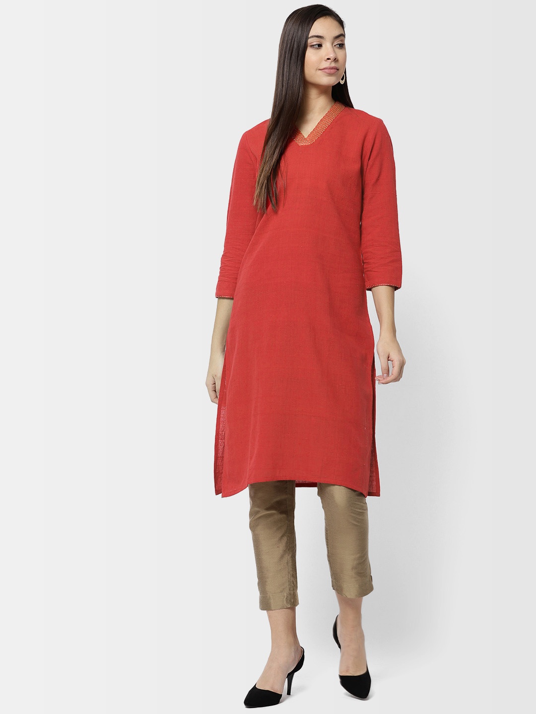 

Fabindia Women Rust Red Solid Handwoven Straight Kurta