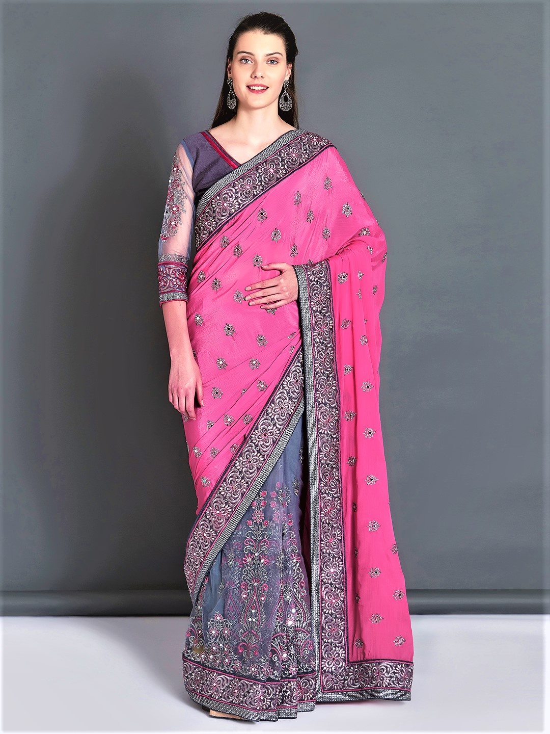 

Mitera Pink & Grey Pure Georgette Embroidered Saree