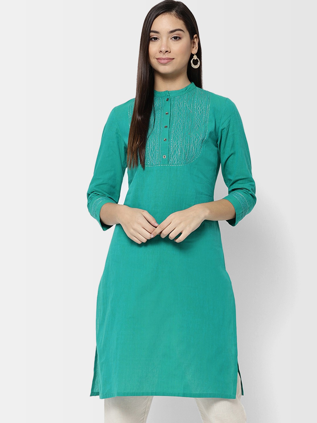 

Fabindia Women Turquoise Blue Yoke Design Straight Kurta