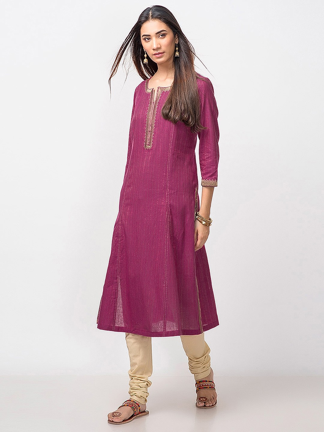 

Fabindia Women Magenta & Golden Slim Fit Self-Striped A-Line Kurta