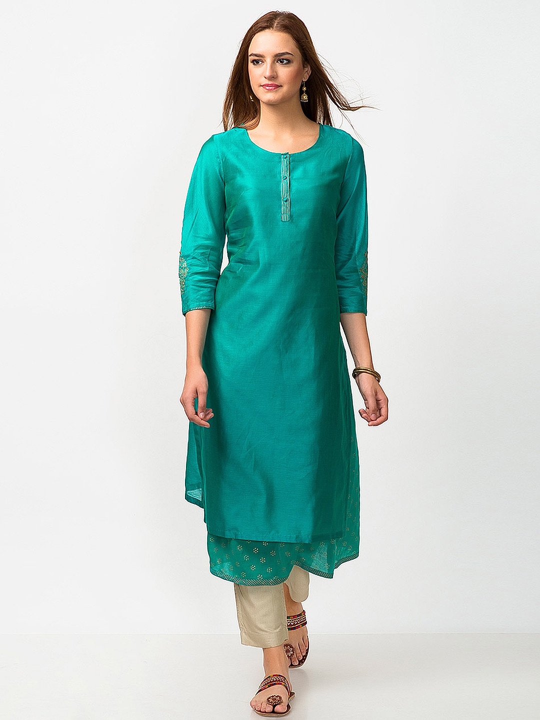 

Fabindia Women Turquoise Blue & Golden Handblock Print Layered A-Line Kurta