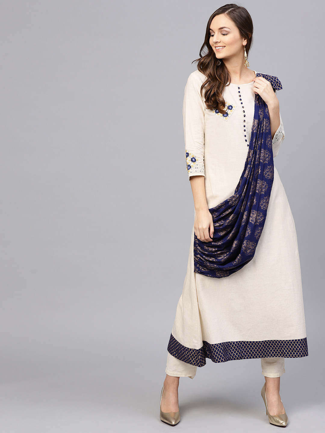 

Yufta Women Off-White & Navy Blue Solid A-Line Kurta with Attached Dupatta