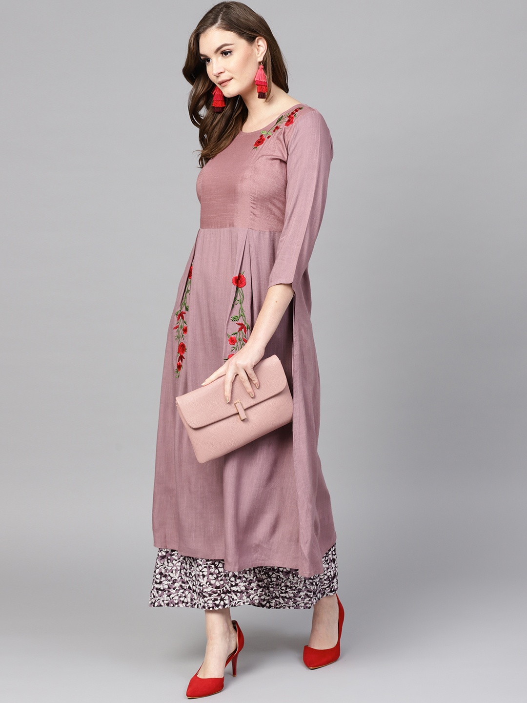 

Yufta Women Mauve & Black Embroidered Kurta with Palazzos