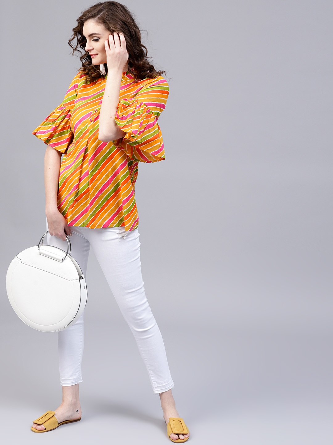 

AKS Mustard Yellow & Green Leheriya Print Tunic