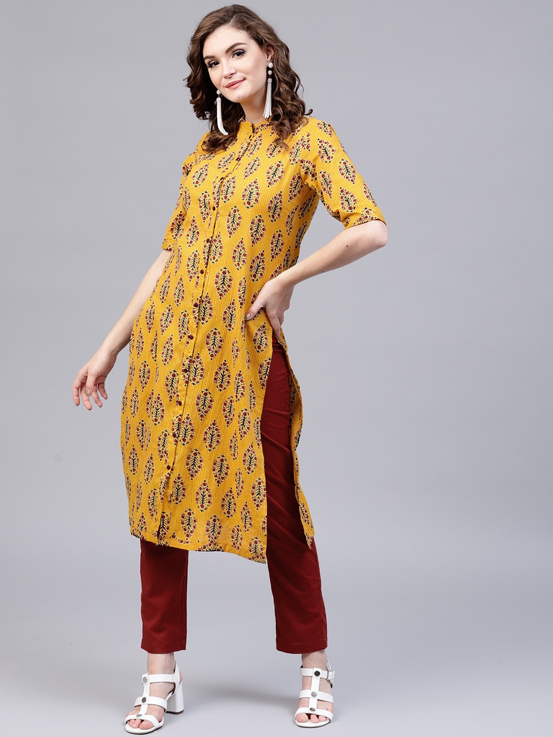 

AKS Women Yellow & Maroon Printed Kantha Work Kurta with Trousers
