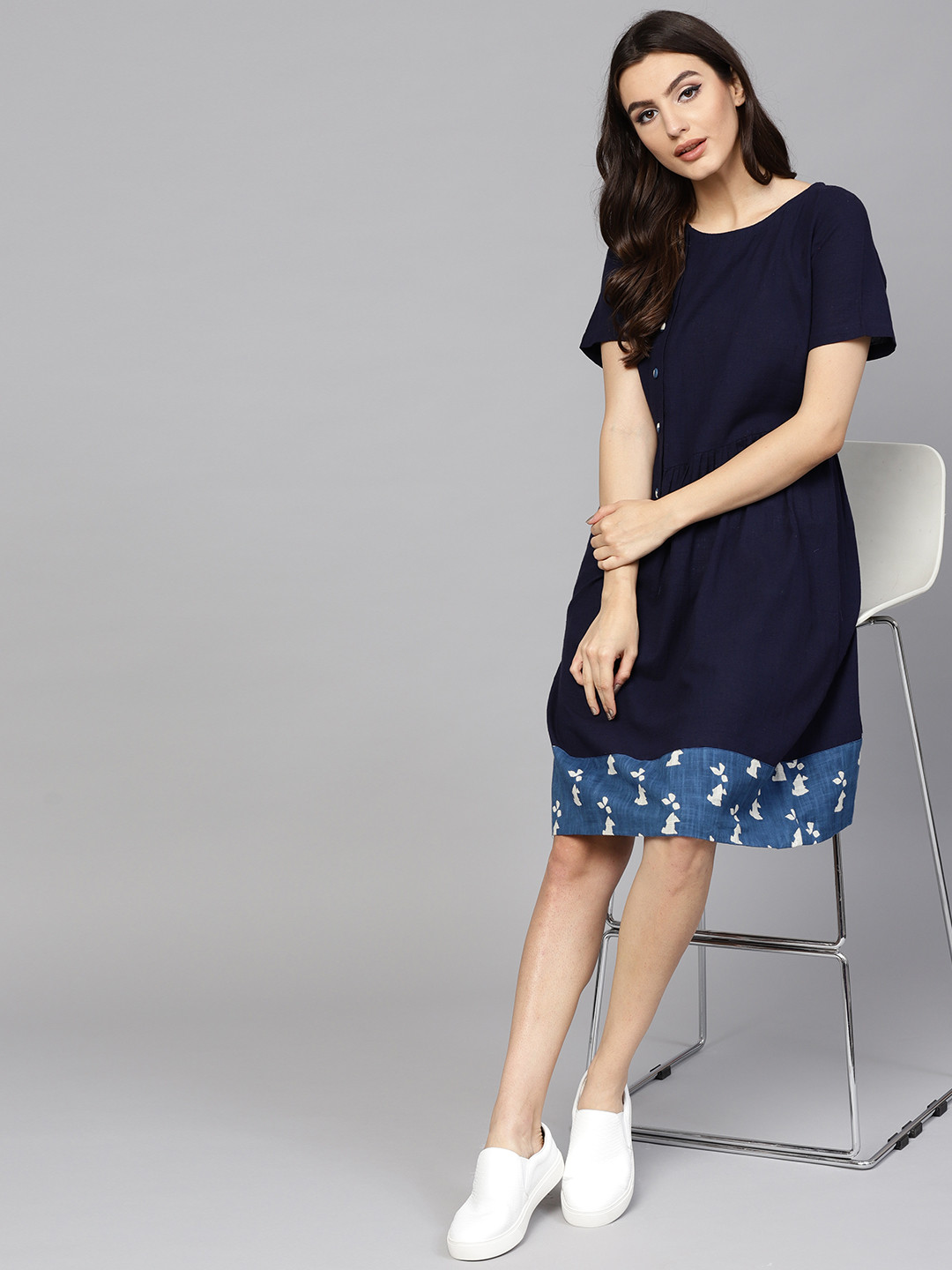 

AKS Women Navy Blue Solid A-Line Dress