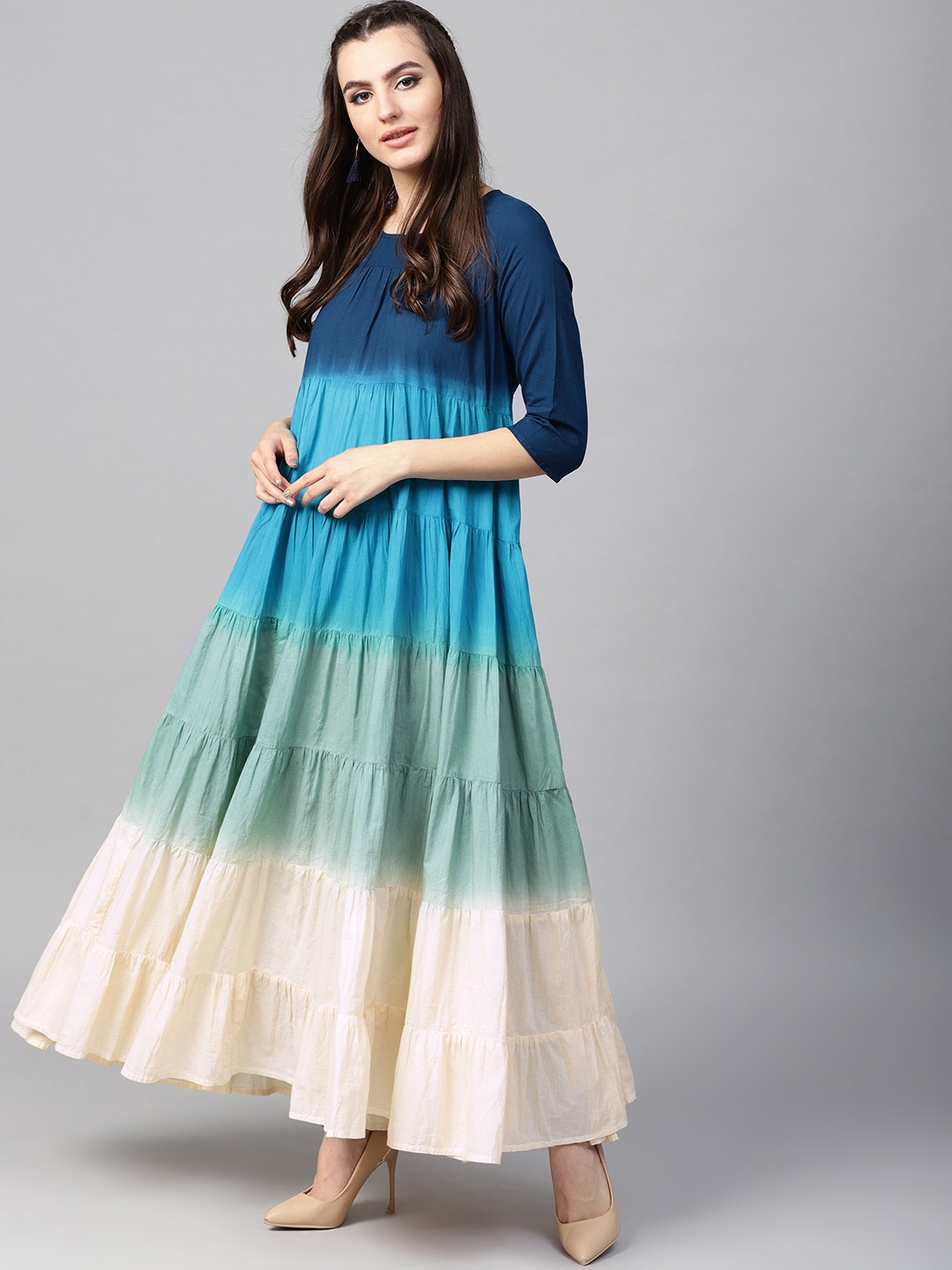 AKS Women Navy Blue & Green Ombre Dyed Tiered Anarkali Kurta