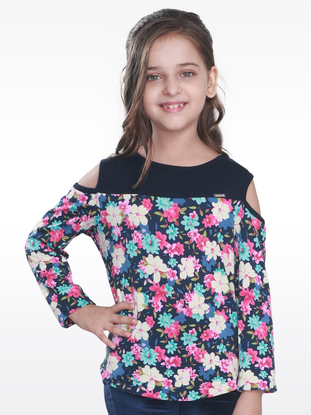 

CUTECUMBER Girls Navy Blue & Pink Floral Print Top