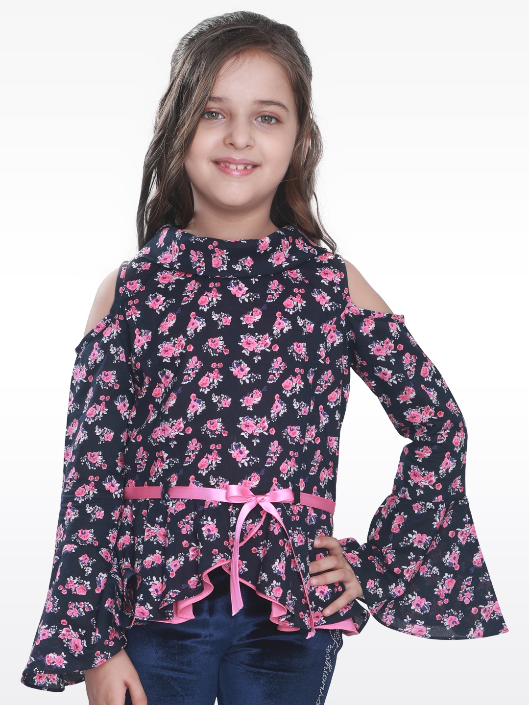 

CUTECUMBER Girls Navy Blue & Pink Printed Cinched Waist Pure Cotton Top