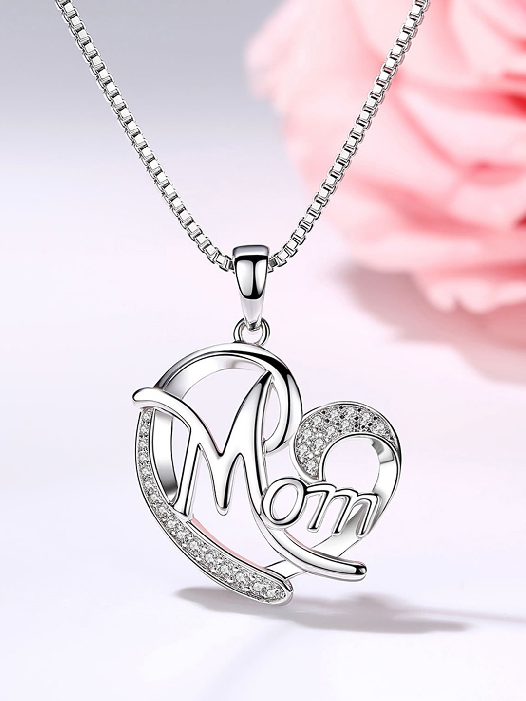

Peora Silver-Toned Heart-Shaped Embellished Pendant with Chain