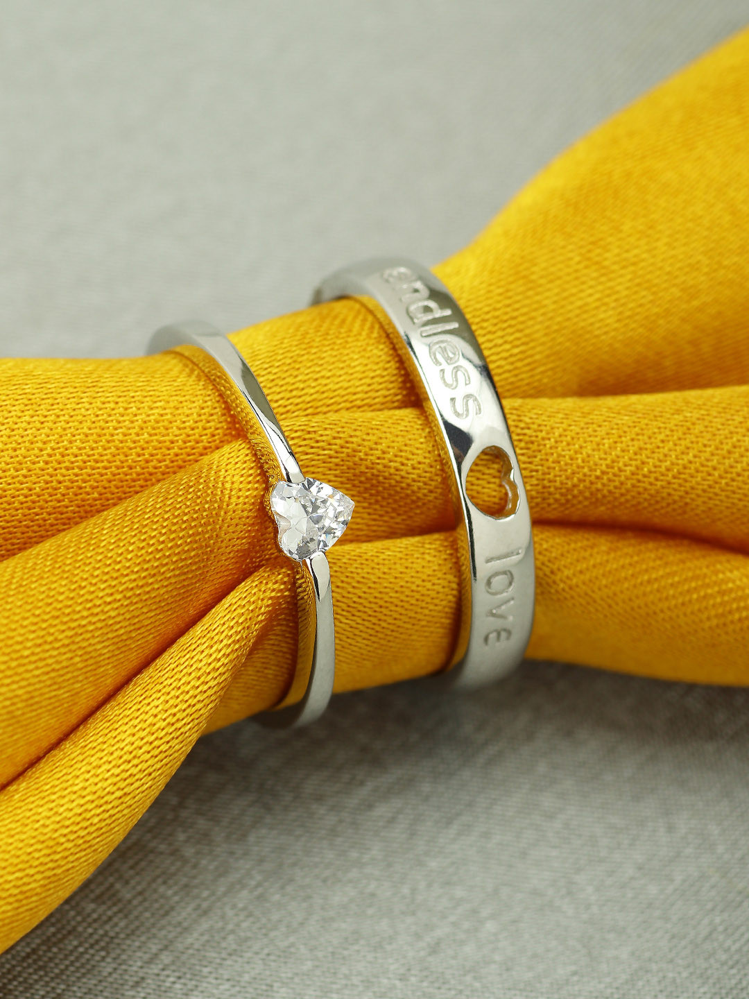 

Peora Silver-Toned Heart Crystal 925 Sterling Proposal Couple Rings