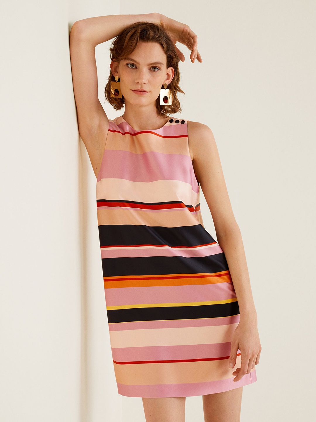 

MANGO Women Pink & Navy Striped Sheath Dress