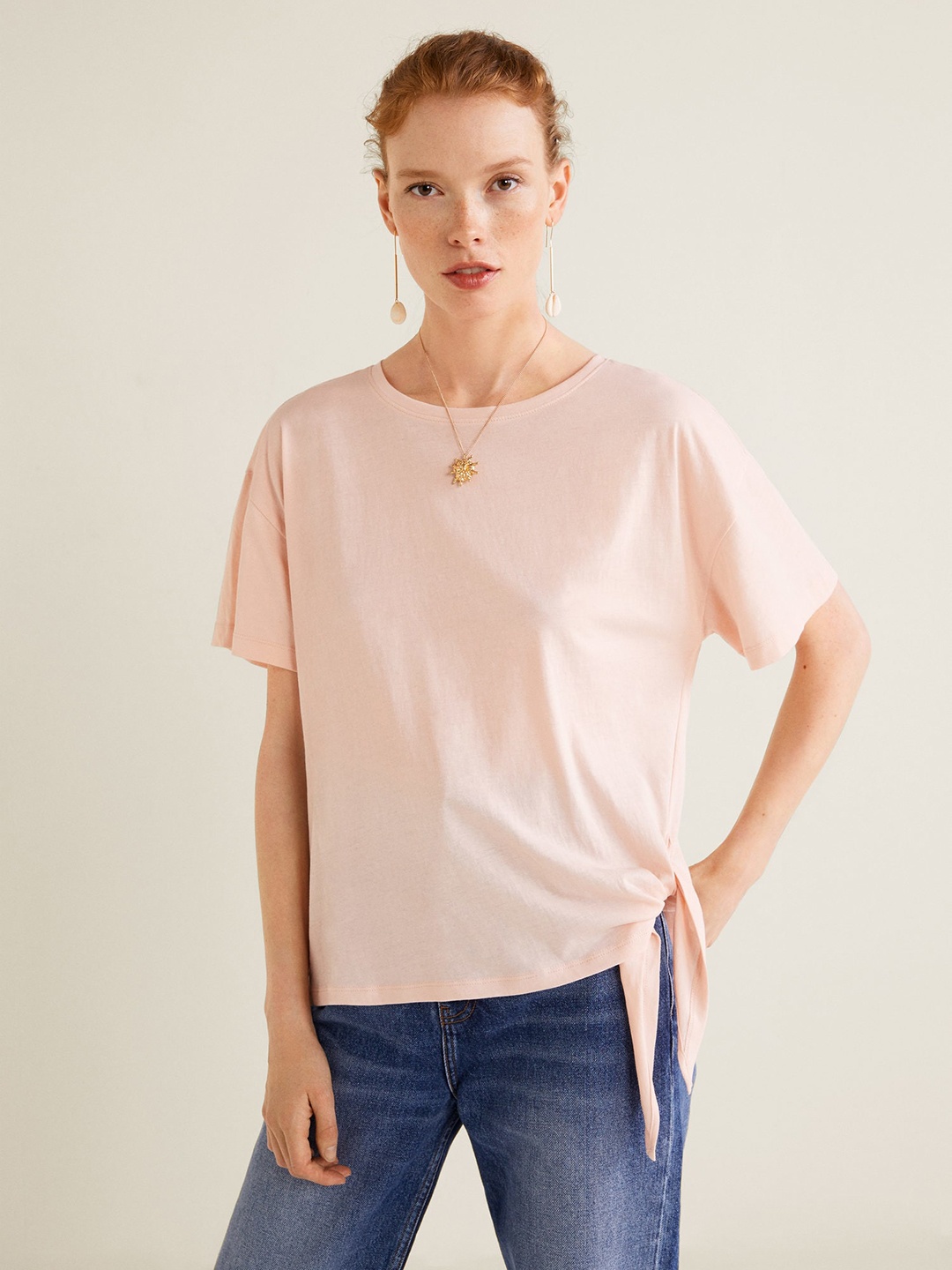 

MANGO Women Peach-coloured Solid Round Neck Pure Cotton T-shirt
