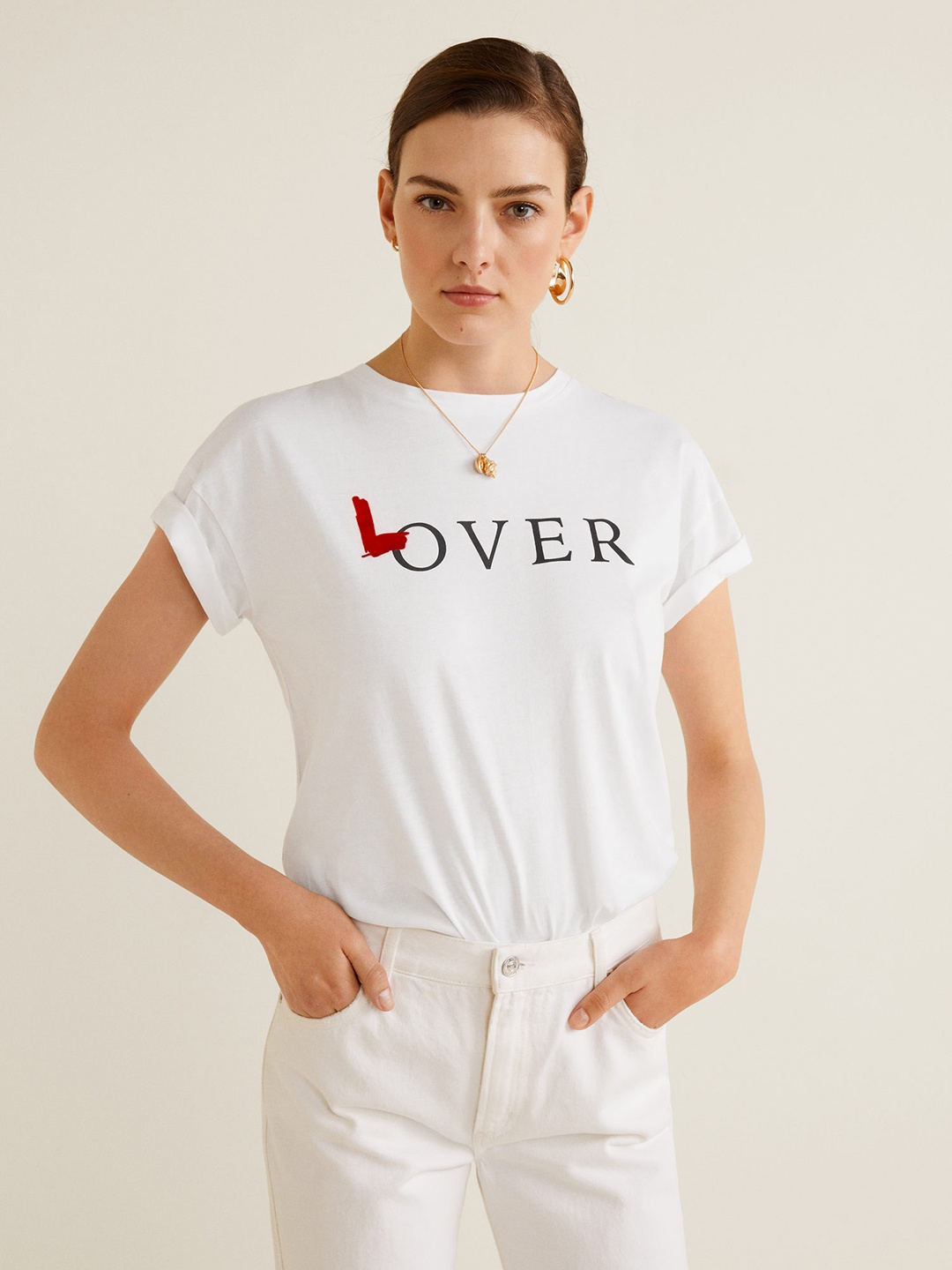 

MANGO Women White Printed Detail Round Neck T-shirt