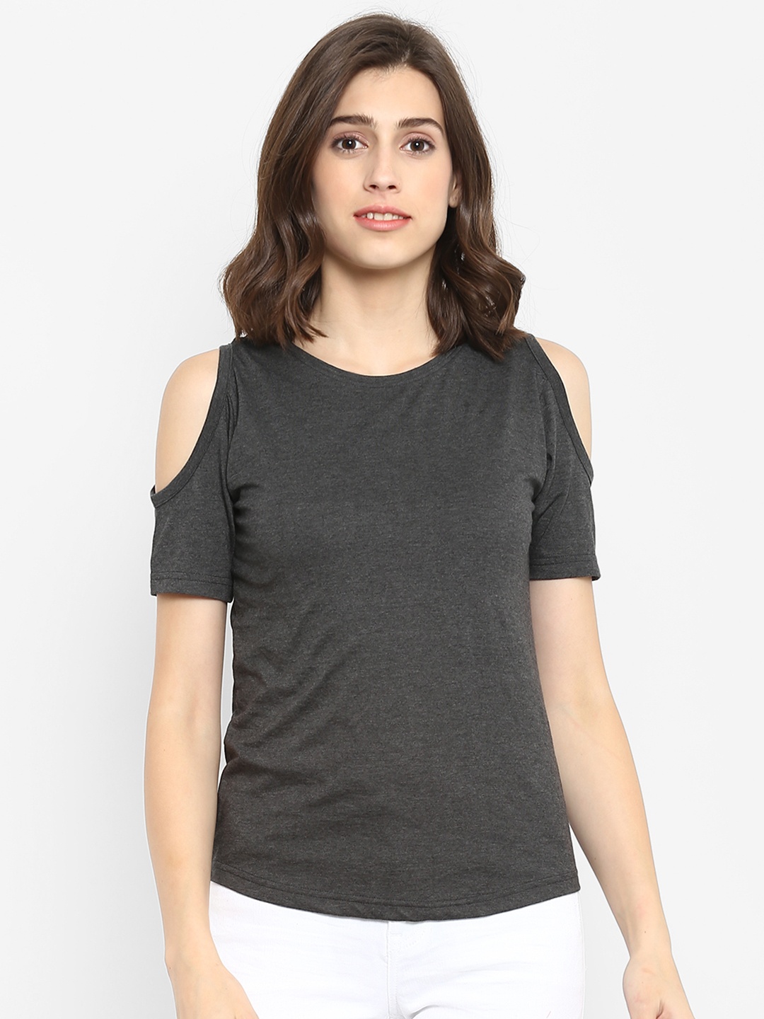 

appulse Women Charcoal Grey Solid Cold Shoulder Top