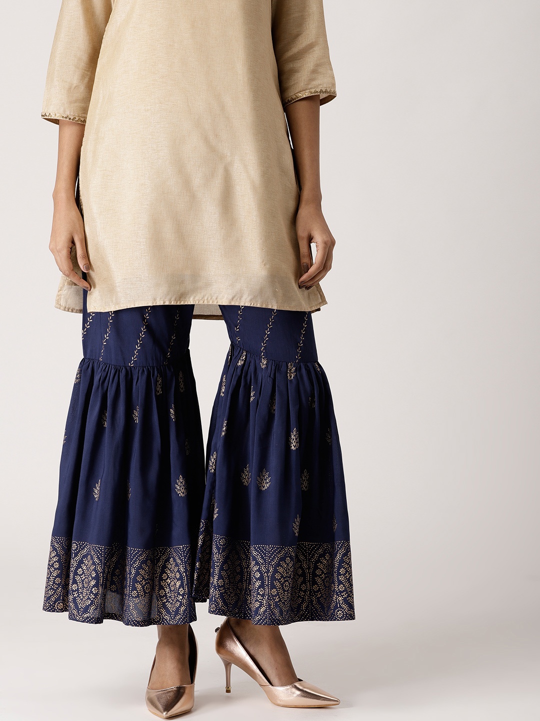 

Libas Women Navy Blue & Golden Block Print Sharara