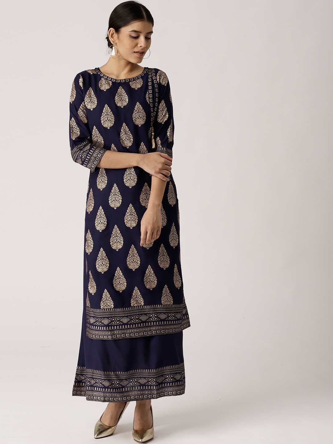 

Libas Women Navy Blue & Golden Block Print Layered Straight Kurta