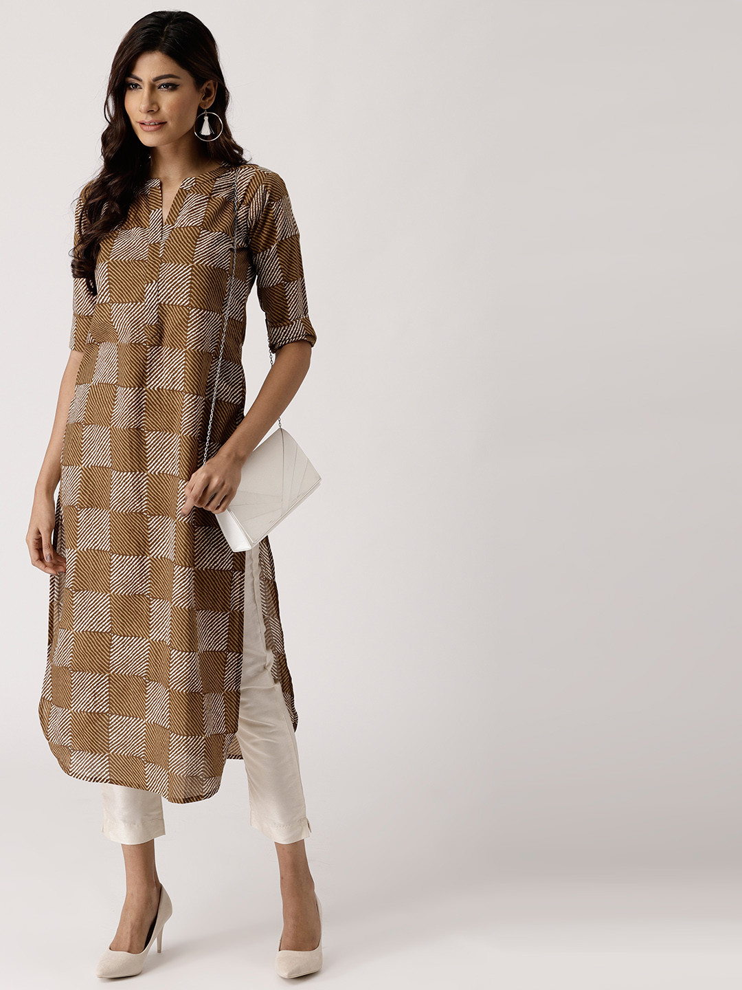 

Libas Women Green & Off-White Checked Straight Kurta