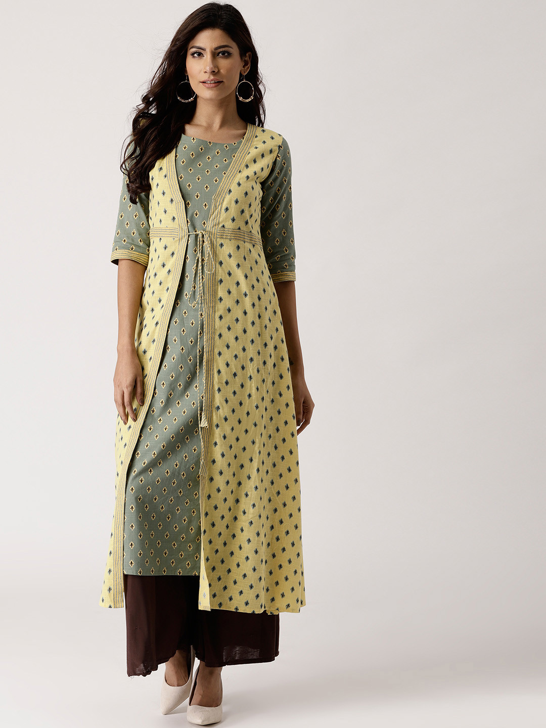 

Libas Women Yellow & Grey Printed A-Line Kurta with Ethnic Jacket