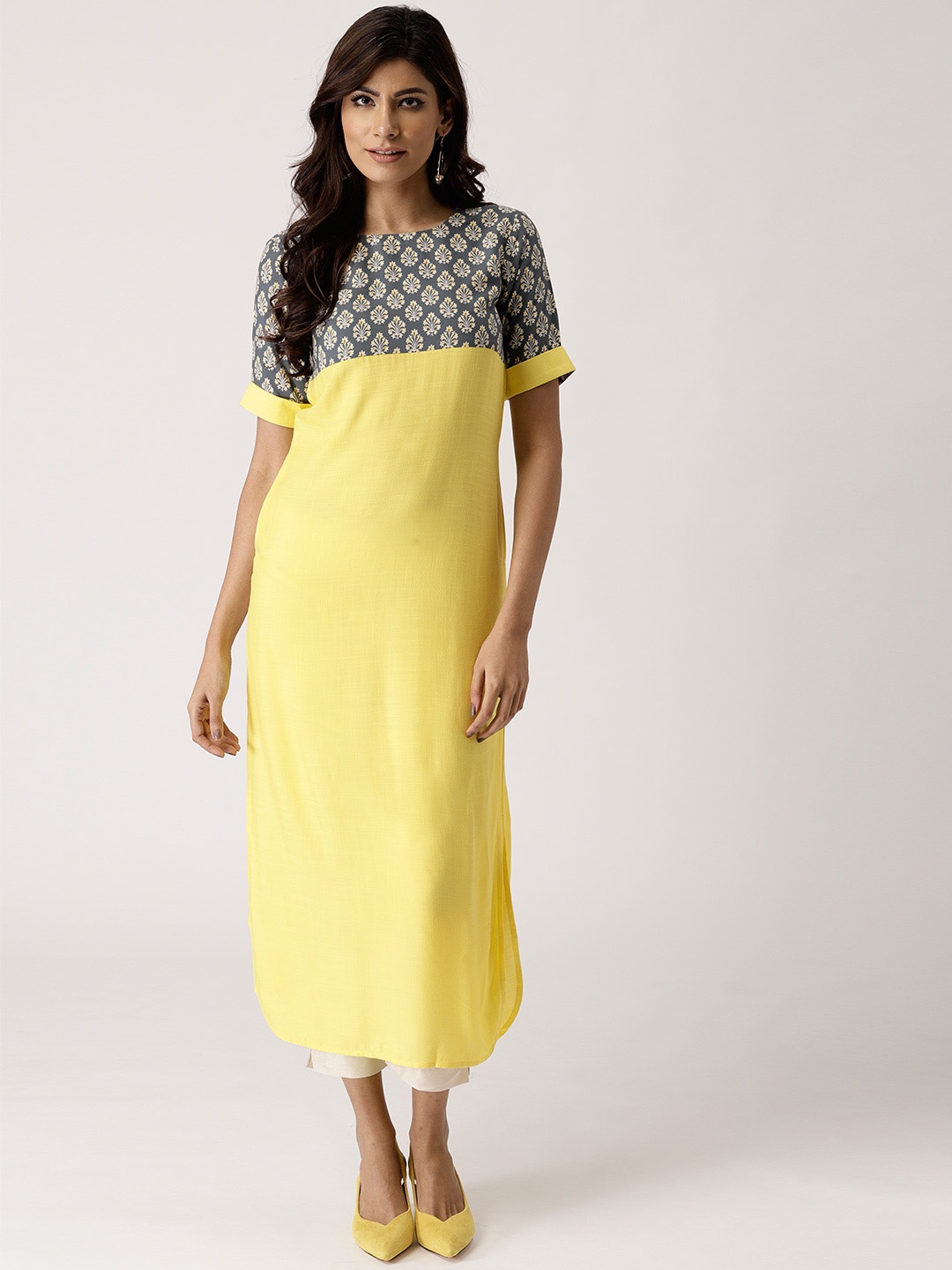 

Libas Women Yellow & Grey Yoke Design Straight Kurta