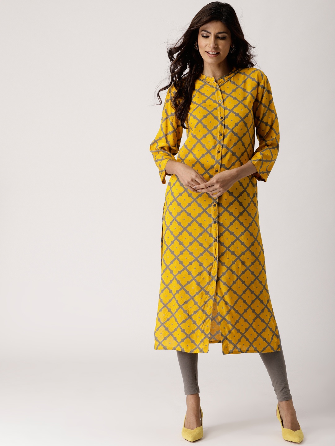 

Libas Women Mustard Yellow & Grey Printed Straight Kurta