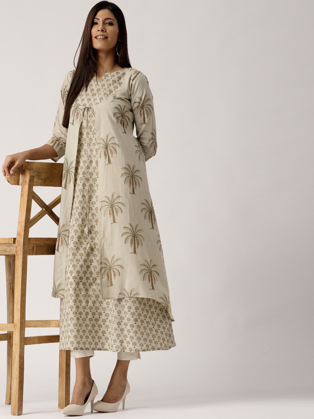 

Libas Women Beige & Olive Green Printed A-Line Kurta with Ethnic Jacket
