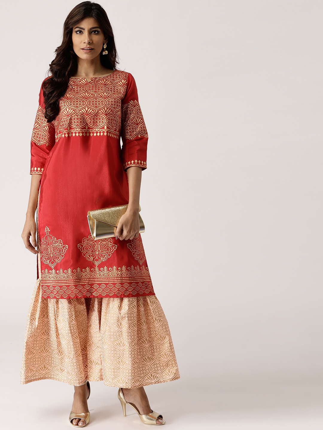 

Libas Women Red & Peach-Coloured Printed Kurta with Sharara