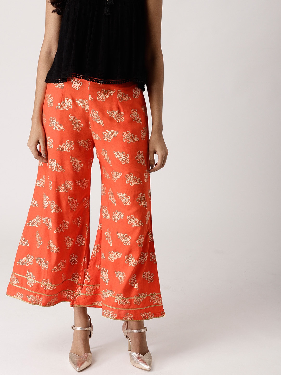 

Libas Women Orange & Golden Block Print Wide Leg Palazzos