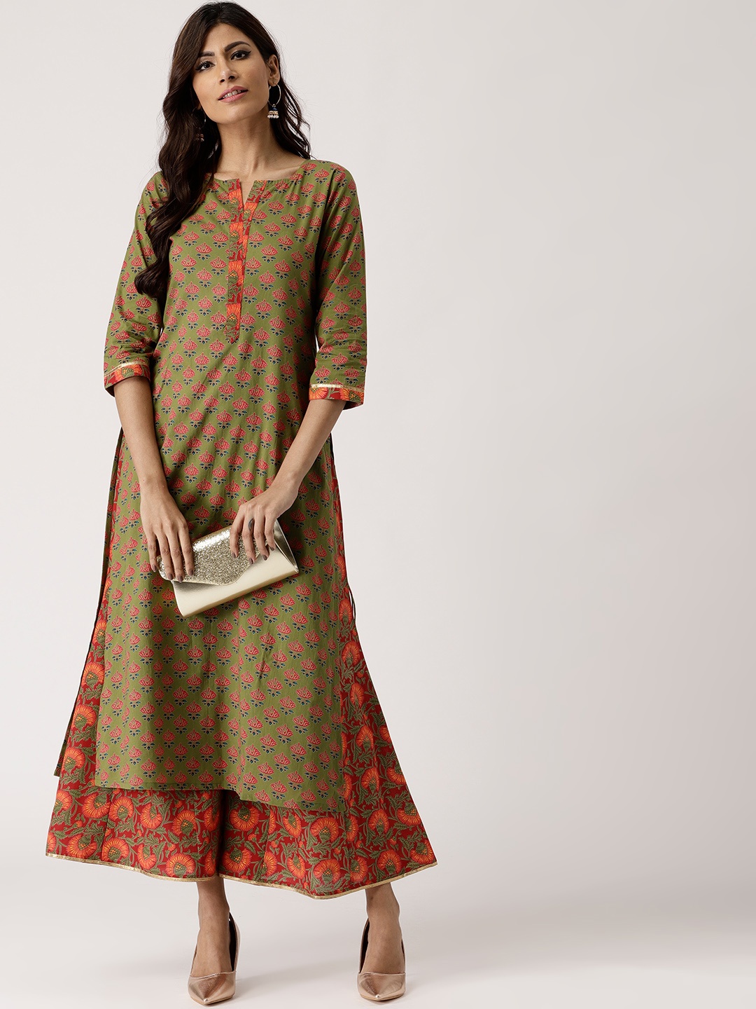 

Libas Women Green & Red Printed Kurta with Palazzos