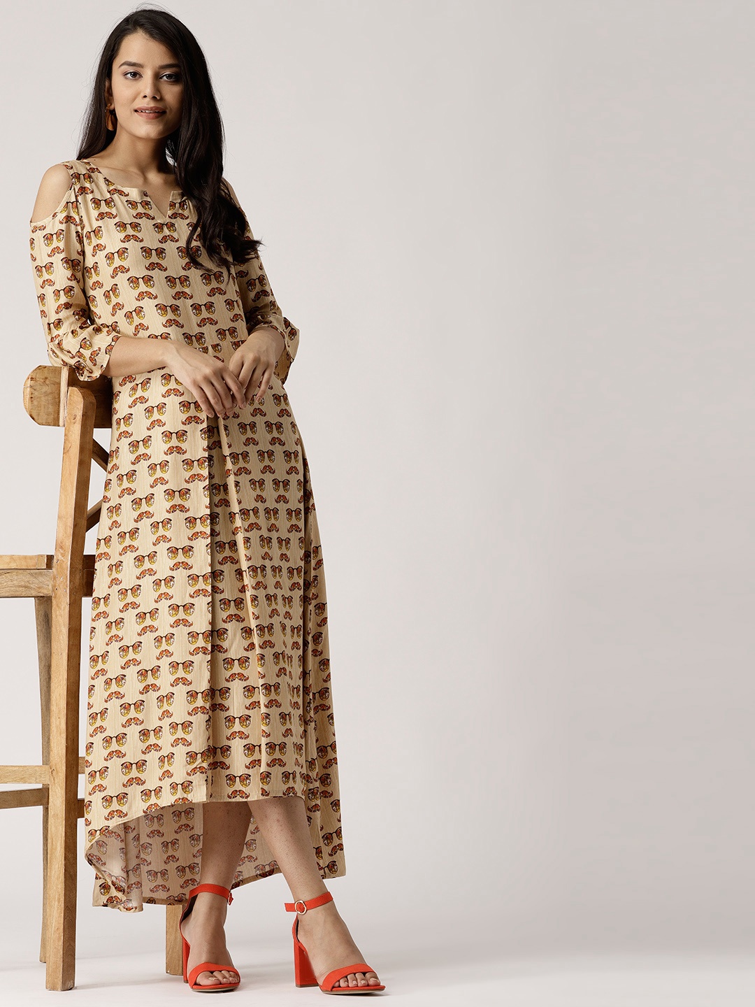 

Libas Women Beige Printed A-line Dress