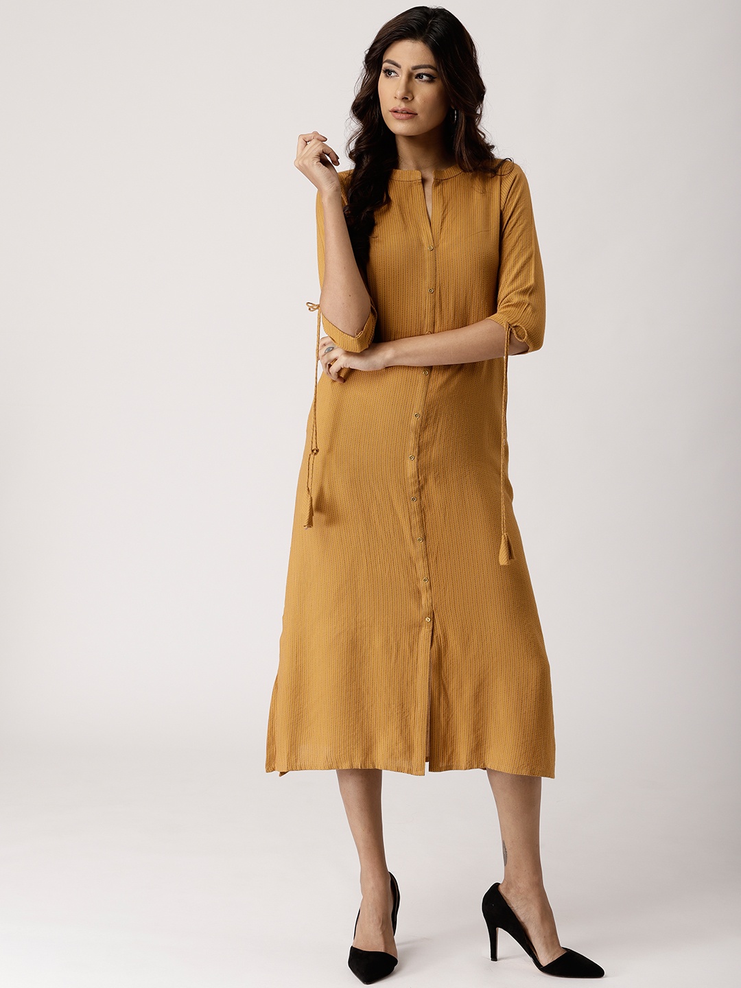 

Libas Women Mustard Brown Self Design A-Line Dress