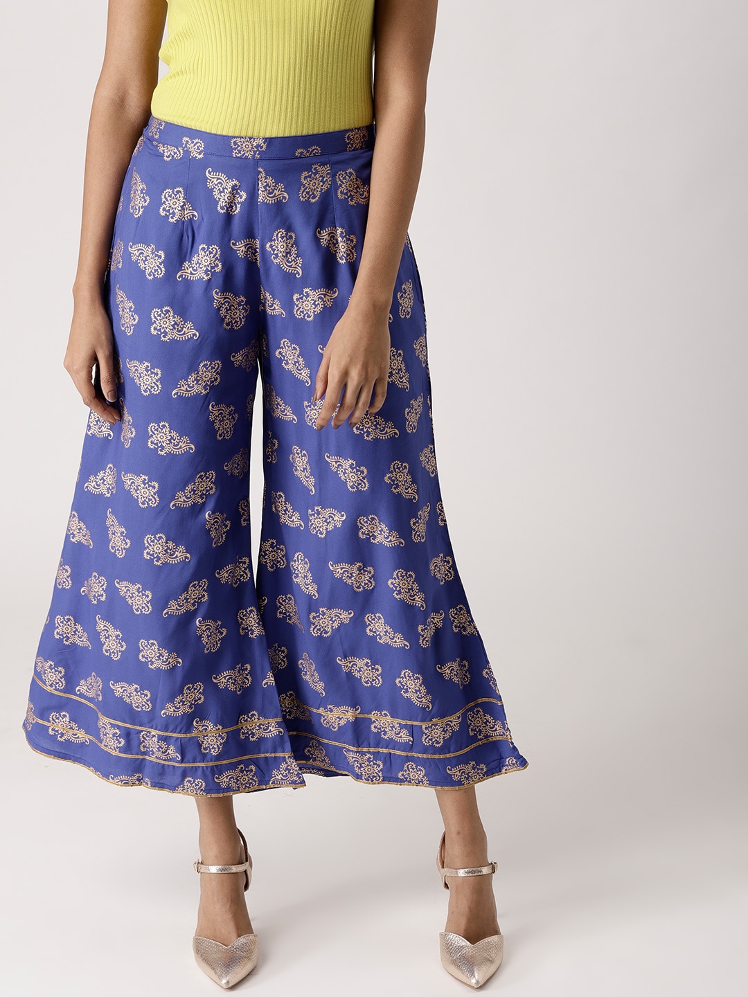 

Libas Women Blue & Golden Block Print Cropped Flared Palazzos