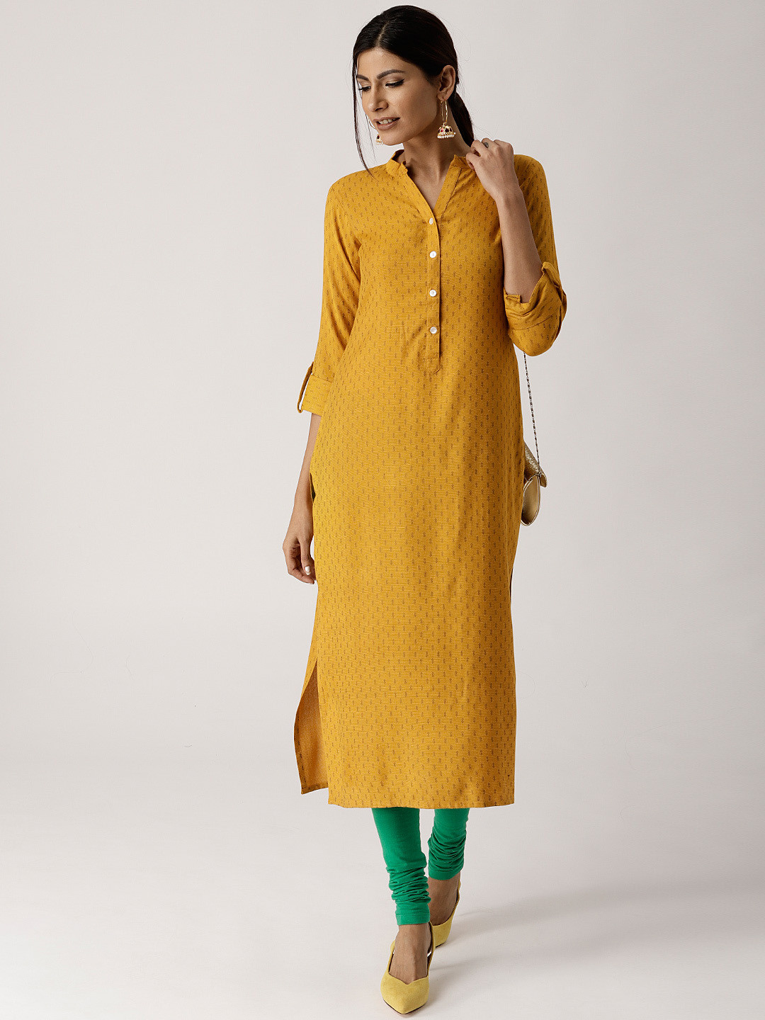 

Libas Women Mustard Yellow Woven Design Straight Kurta