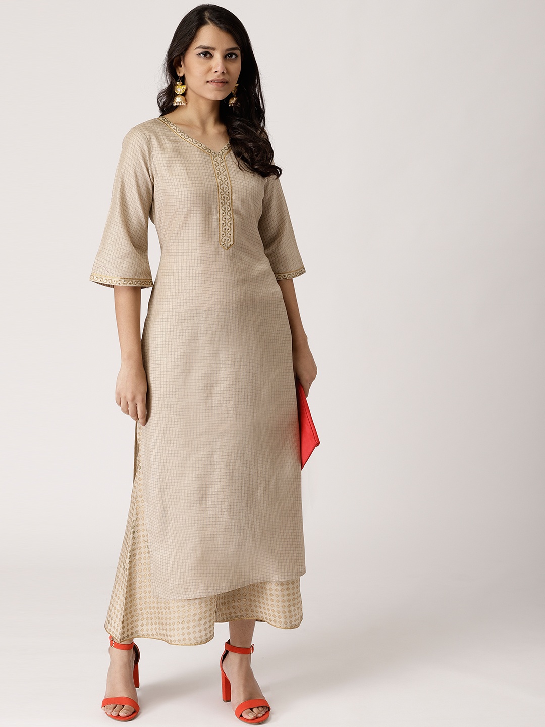 

Libas Women Beige Checked Kurta with Palazzos