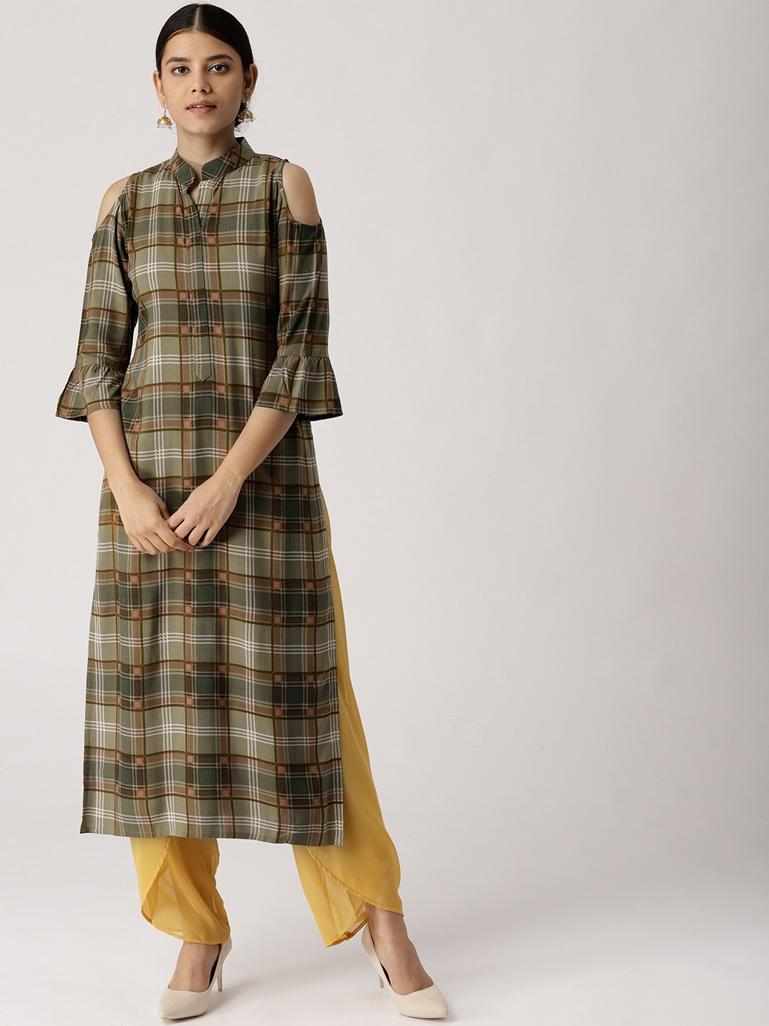 

Libas Women Olive Green & Brown Checked Straight Kurta