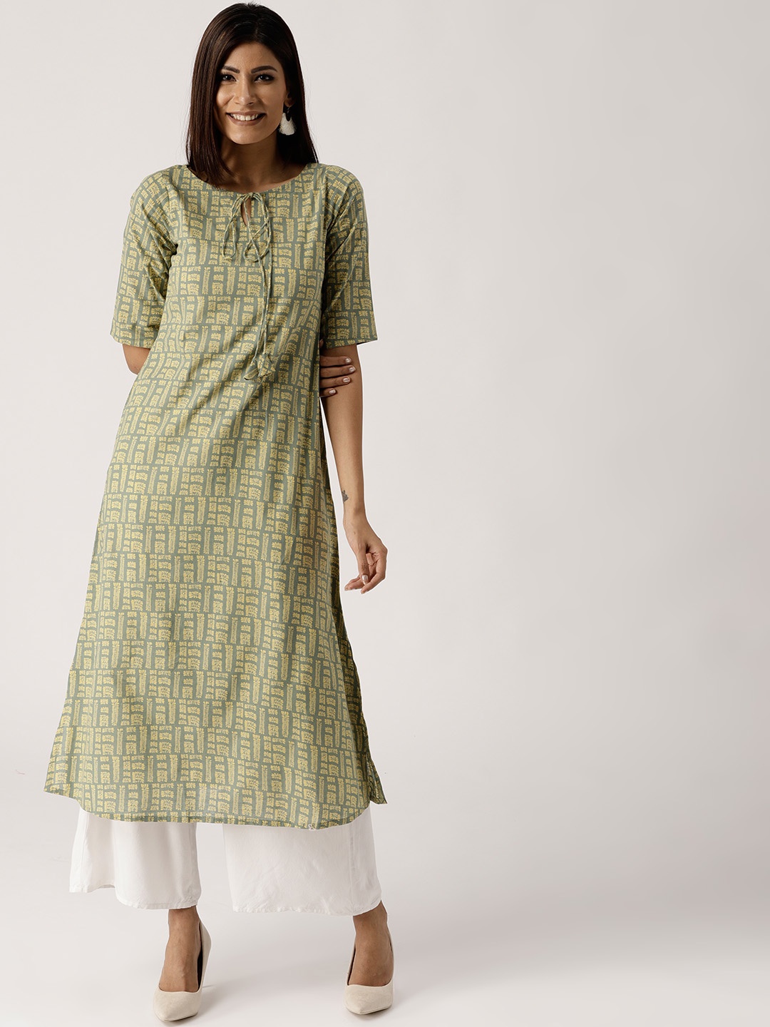 

Libas Women Green & Yellow Printed A-Line Kurta