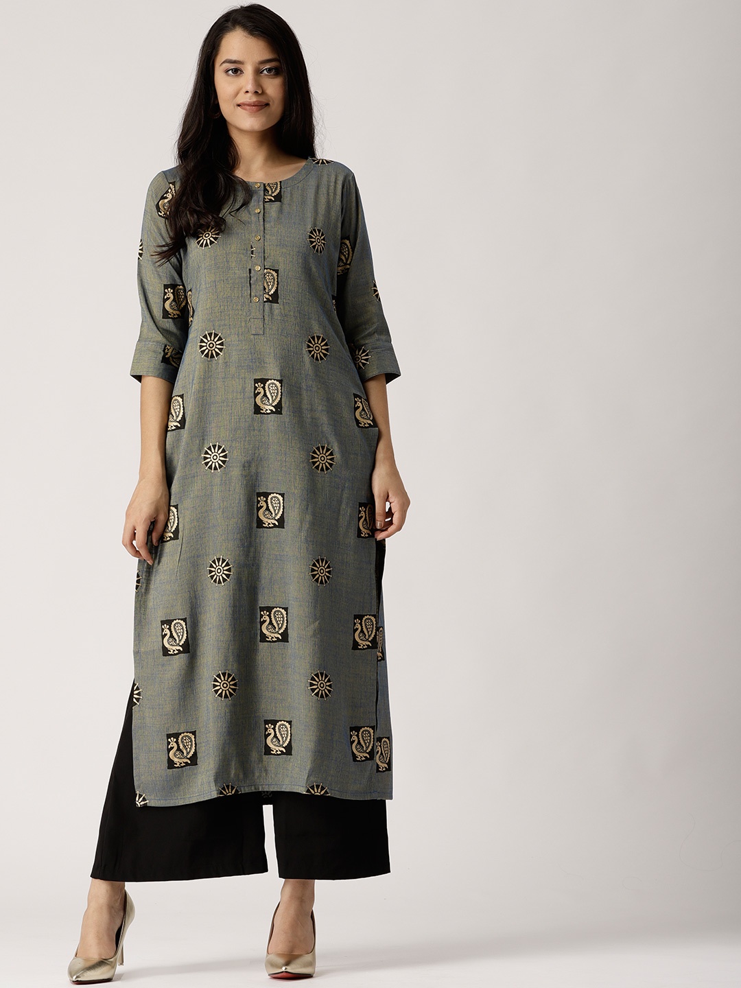

Libas Women Blue & Olive Green Printed Straight Kurta