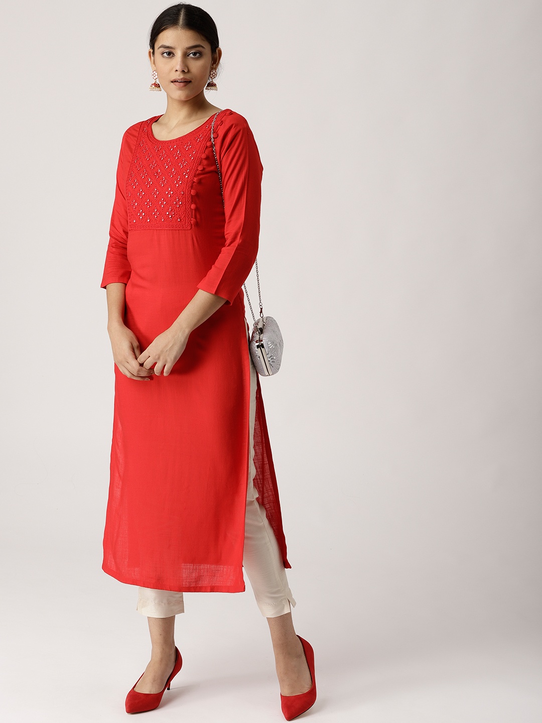 

Libas Women Red Yoke Design Straight Kurta