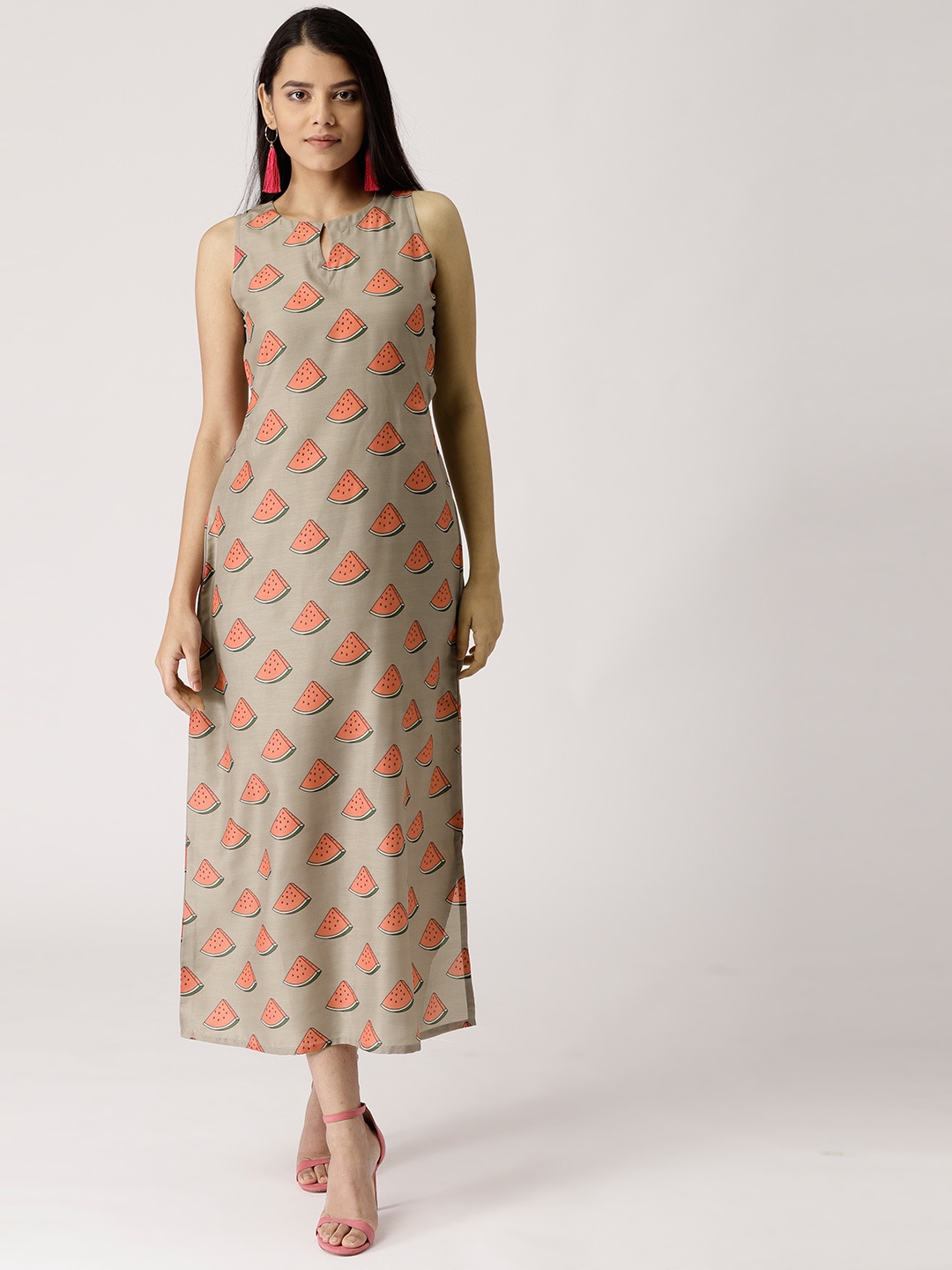 

Libas Women Brown & Coral Pink Printed Midi A-Line Dress