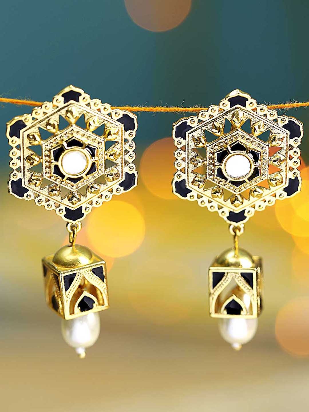 

Voylla Black & Gold-Plated Contemporary Drop Earrings