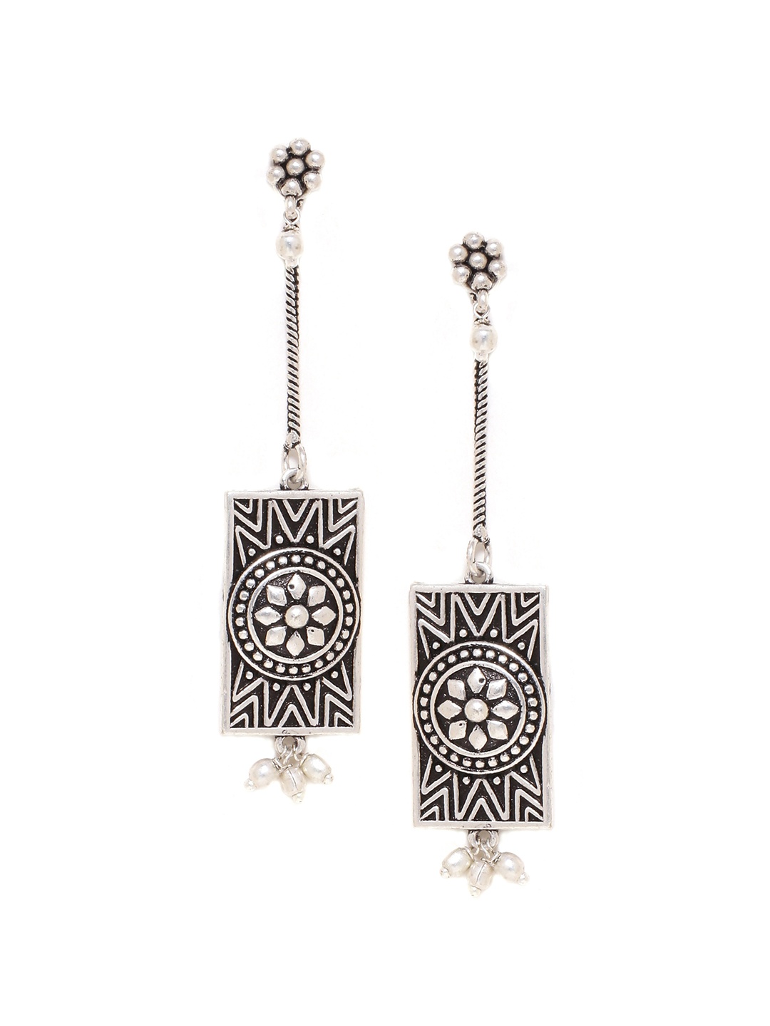 

Voylla Silver-Toned Geometric Oxidised Drop Earrings