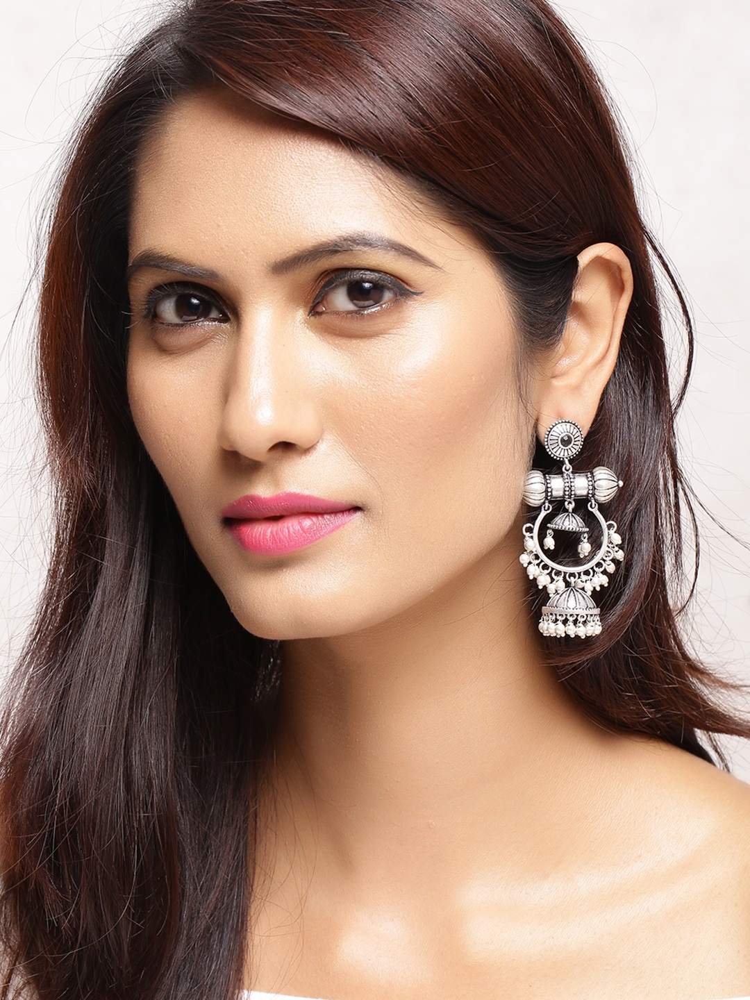 

Voylla Silver-Toned & Black Dome Shaped Jhumkas