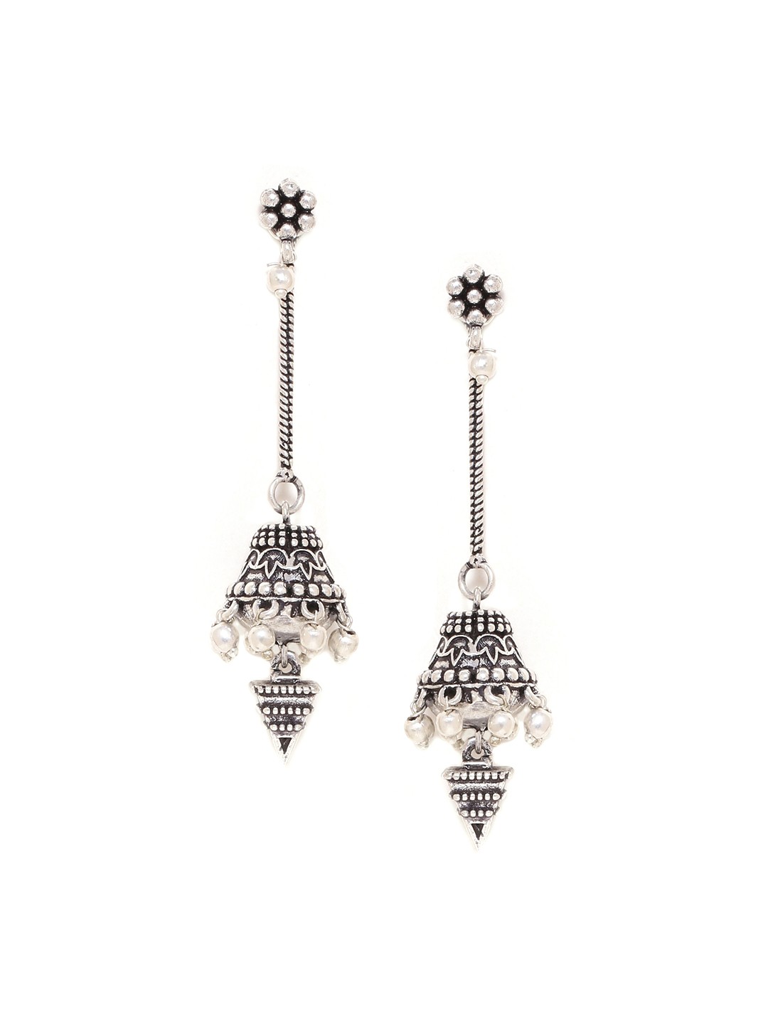 

Voylla Silver-Toned & White Dome Shaped Oxidised Drop Earrings