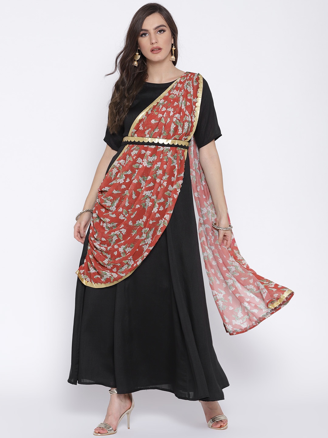 

Ahalyaa Black & Red Printed Saree Style Drape Dress