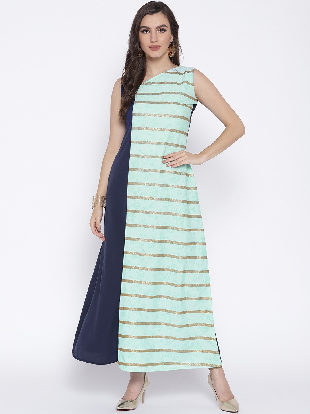 

Ahalyaa Women Sea Green & Navy Blue Striped A-Line Kurta