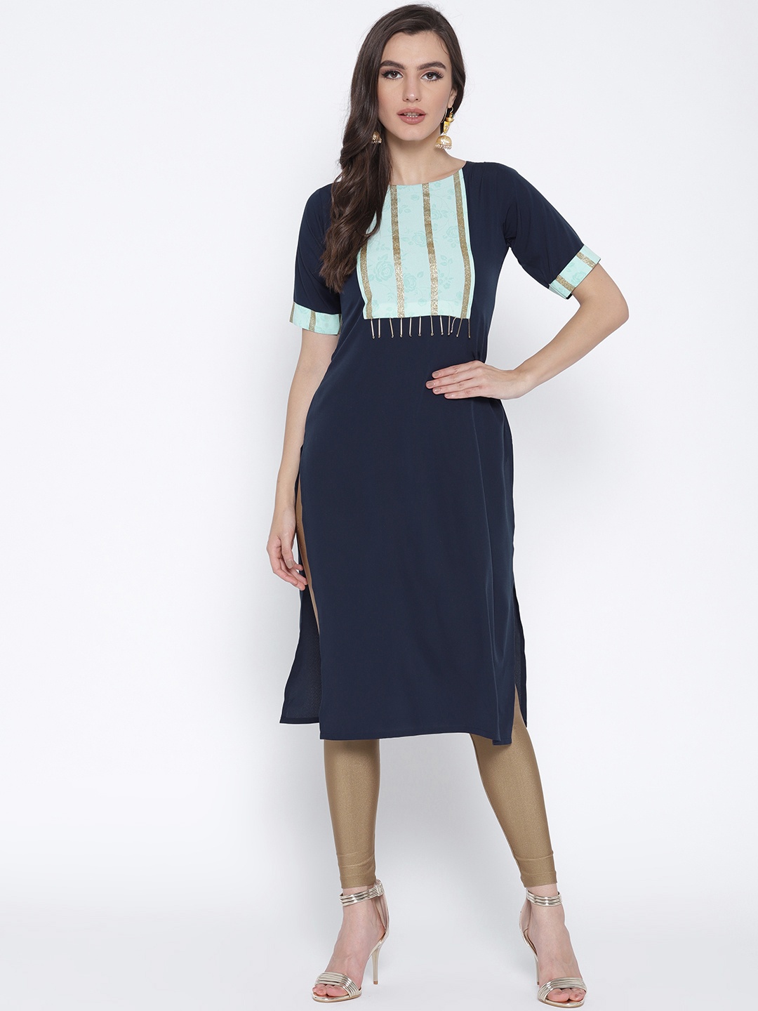 

Ahalyaa Women Navy Blue & Sea Green Yoke Design Straight Kurta