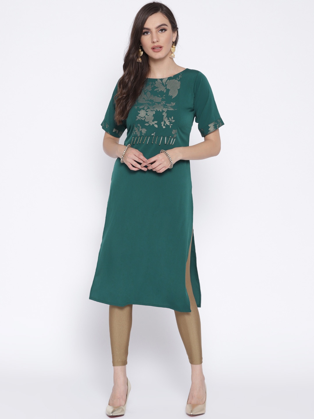 

Ahalyaa Women Green Yoke Design Straight Kurta