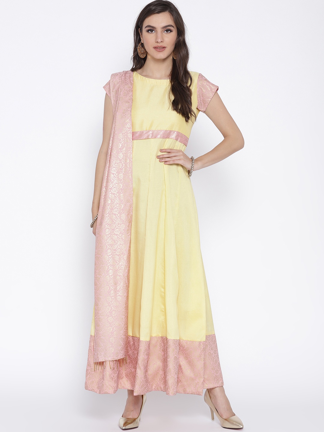 

Ahalyaa Women Yellow Pink Solid Anarkali Dress with Attached Dupatta